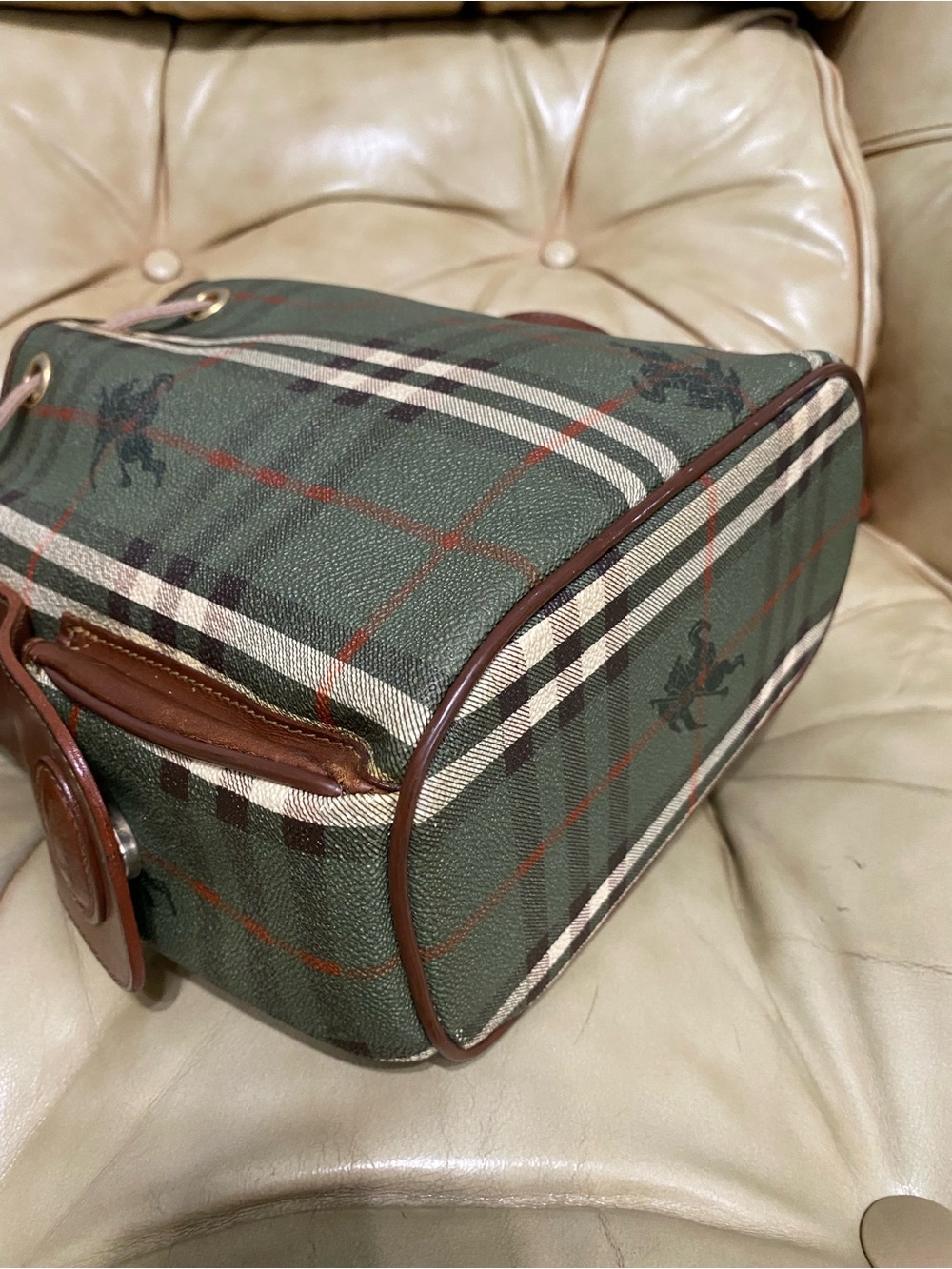 Vintage Burberry Sling Bag Drawstring Olive Haymarket Check Canvas Leather - Picture 6 of 16